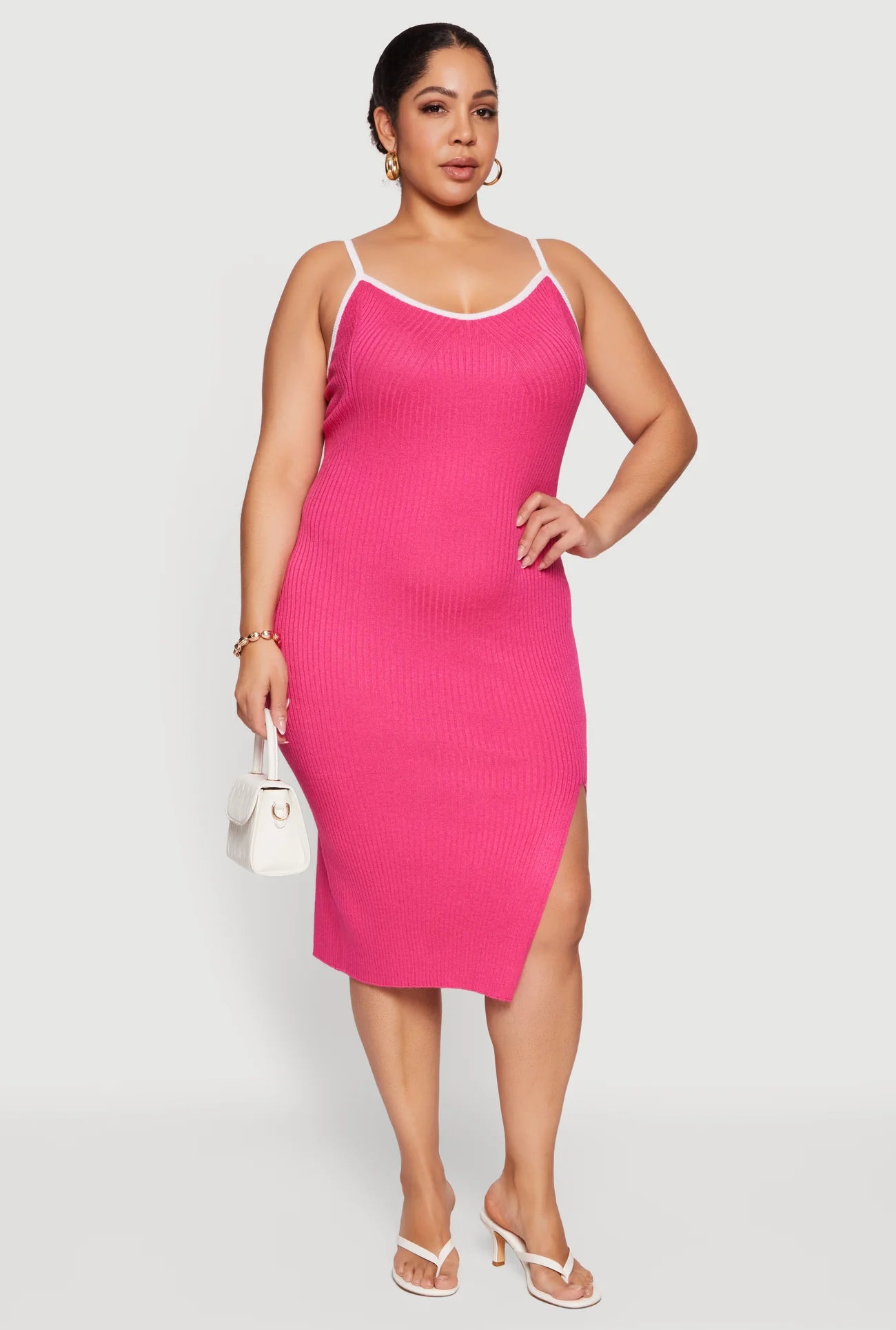 Plus Size Contrast Trim Rib Knit Cami Midi Dress