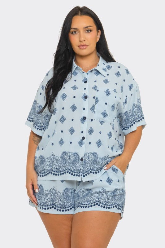 Plus Size Bandana Print Button Down Set