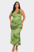 Plus Size Mesh Floral Print Cowl Neck Top Midi Skirt Set